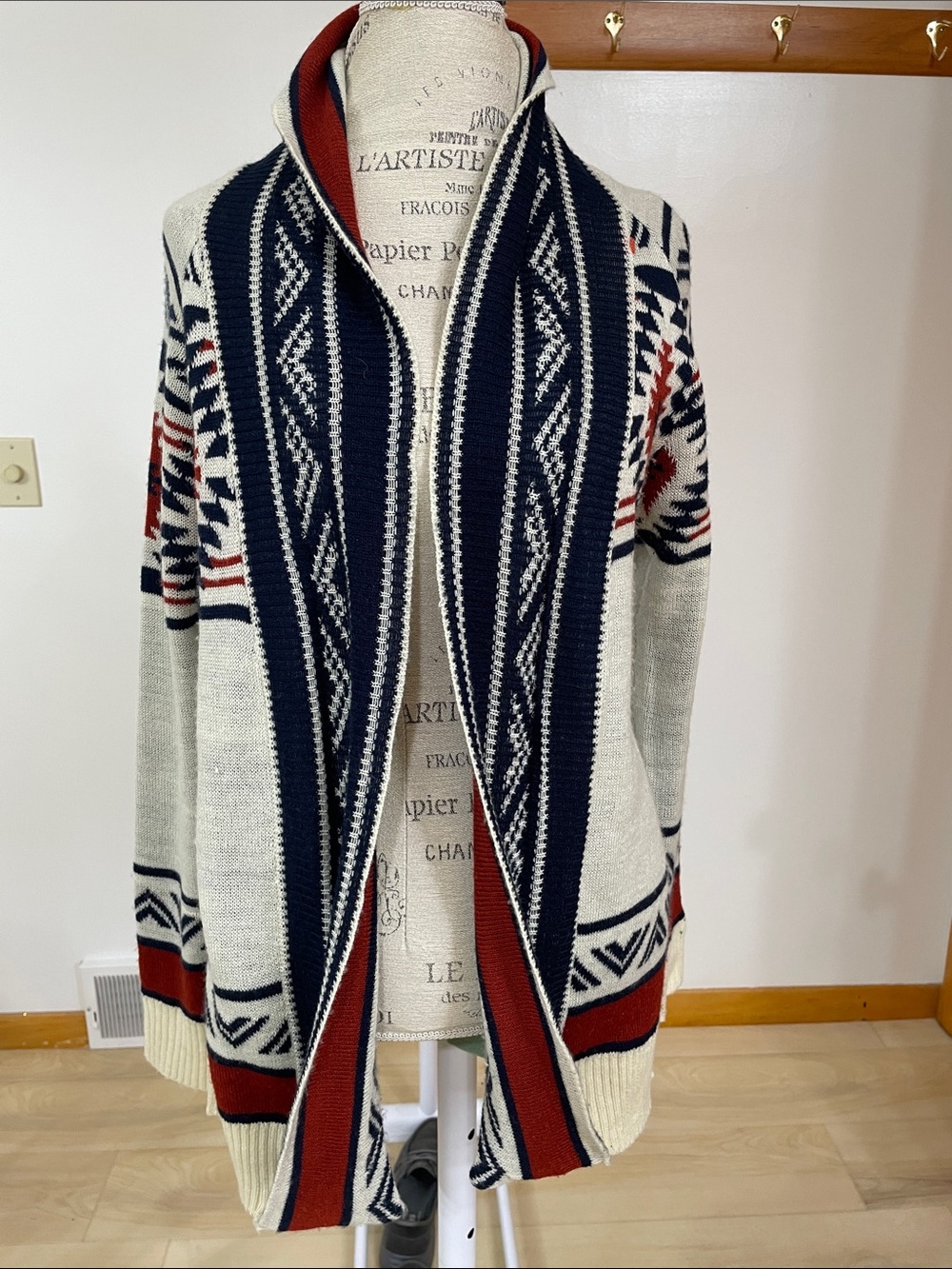 Pink Owl Cream, Navy & Rust Open-Front Geometric Cardigan